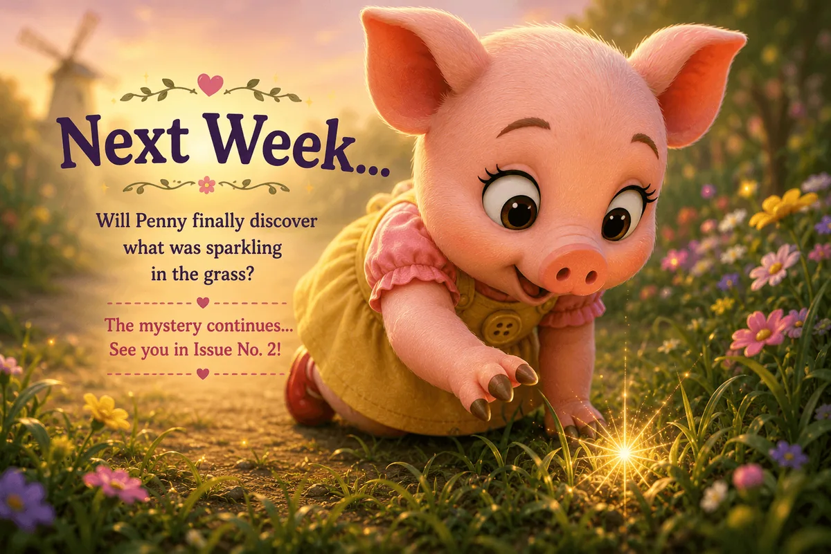 Next Week: Penny reaches toward the sparkle in the grass at golden sunset — the mystery continues in Issue No. 2