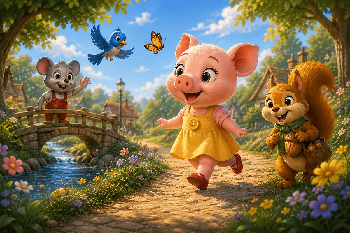 Penny walks along the cobblestone path while Milo waves from the stone bridge and Sunny walks beside her with a basket of acorns