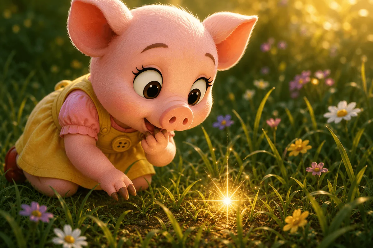 Penny leans close to the ground, her eyes wide with wonder, staring at a tiny golden sparkle hidden in the green grass