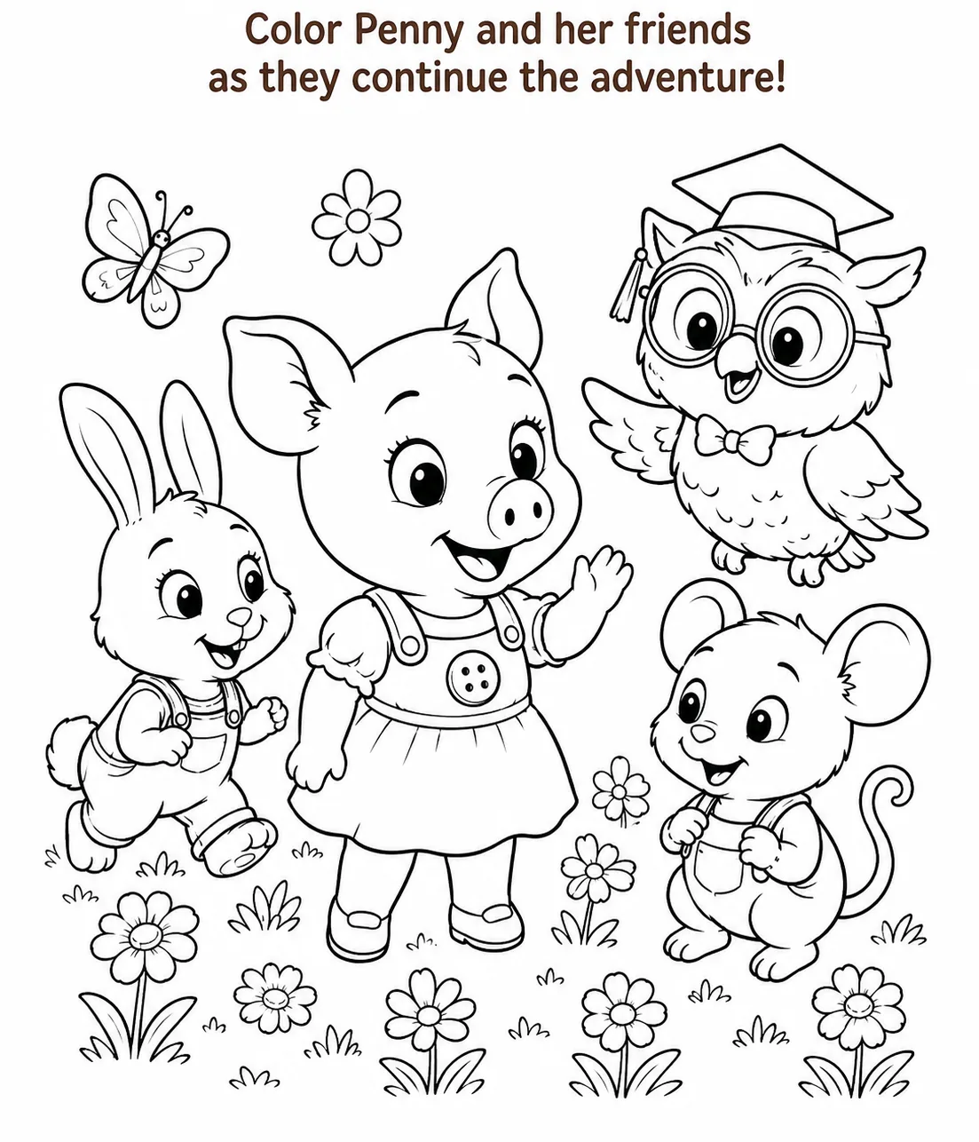 Color Penny and Her Friends — coloring page activity sheet