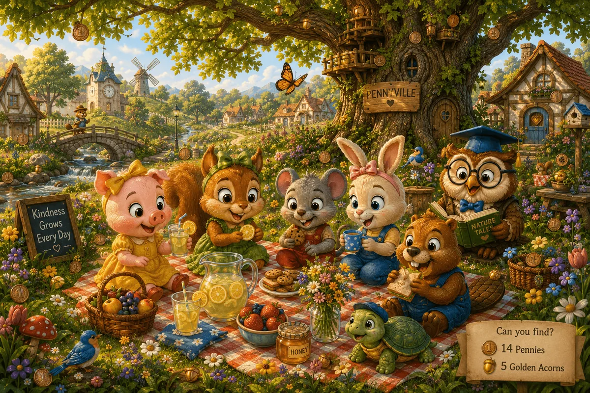 A detailed Pennyville scene with hidden pennies and golden acorns to find — search the oak tree, covered bridge, meadow, and village paths