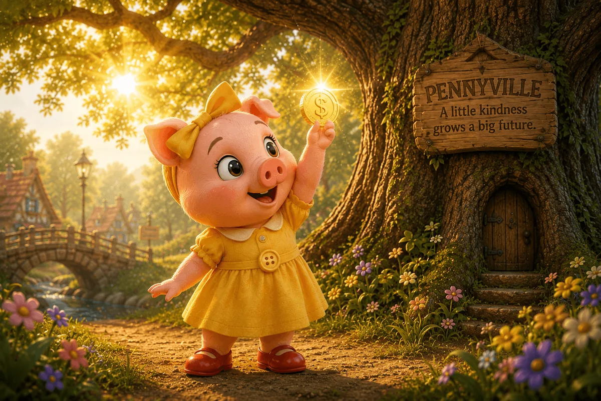 Penny holds her first penny up to the sunlight, watching it glow gold between her hooves