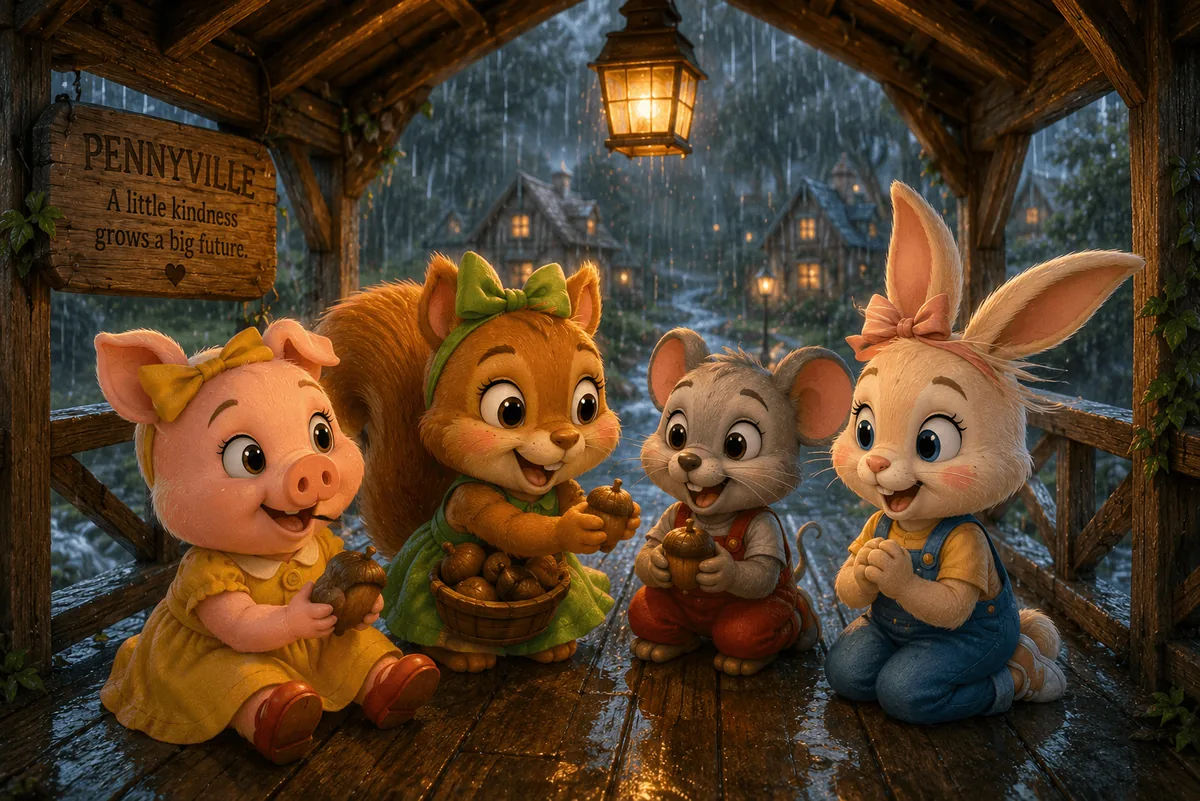 Sunny, Penny, Milo, and Bella sit together under the old covered bridge, sharing acorns while rain falls around them