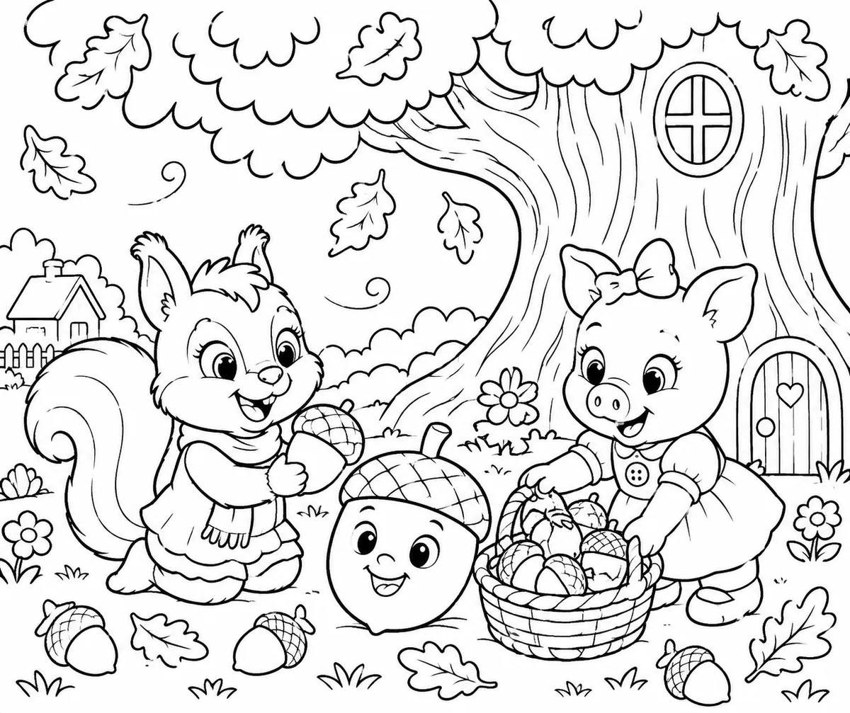 Color Sunny's Big Day — a coloring page featuring Sunny the squirrel sharing acorns with Penny and friends under the covered bridge