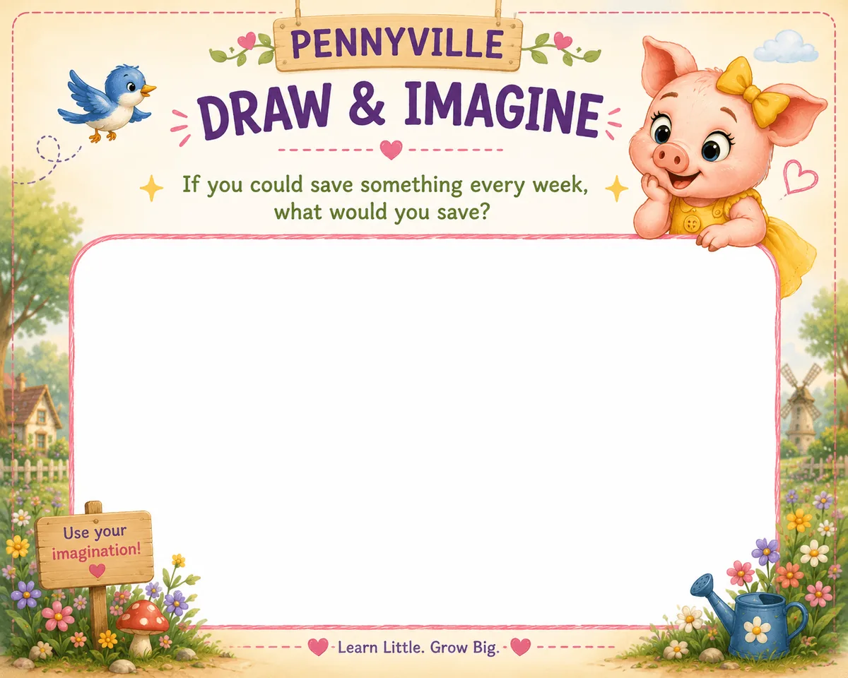 Draw Your Savings Idea printable — a blank drawing frame with space for your picture and words, decorated with acorns and pennies