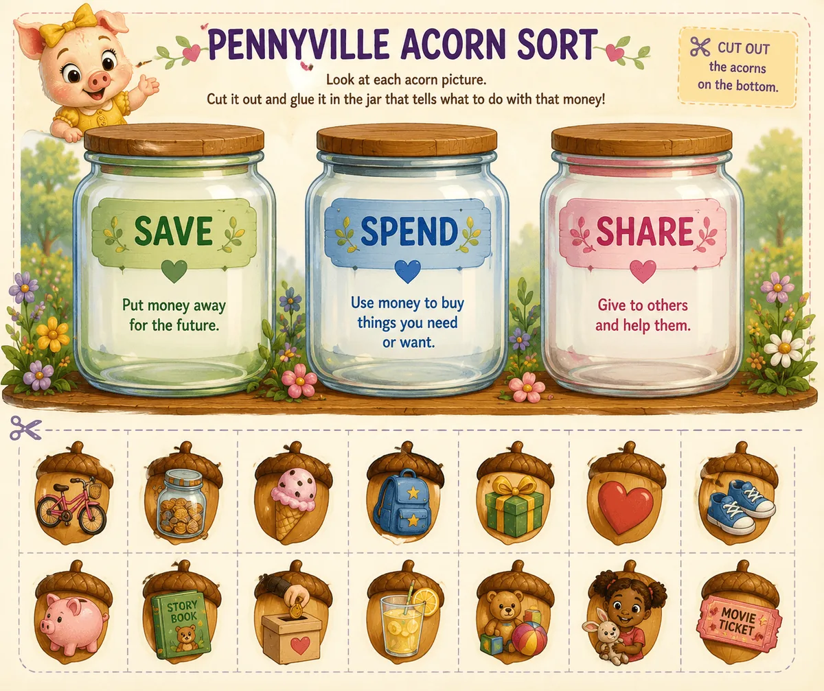 Feed Sunny's Tree printable sorting game — three jars labeled Save, Spend, Share with acorns to cut and place