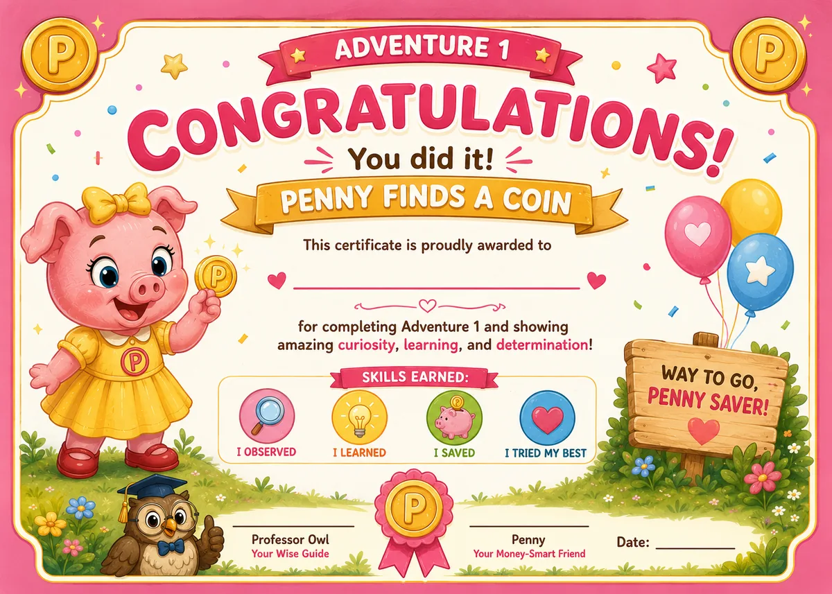 Explorer Mission 1 Certificate of Achievement — awarded to young learners who complete Penny's coin activities