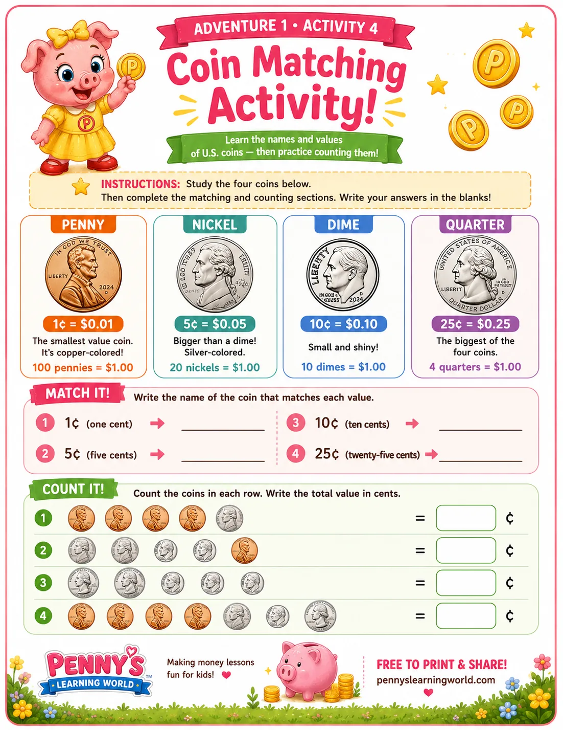 Coin Matching Activity — match each coin to its name and value: penny, nickel, dime, and quarter