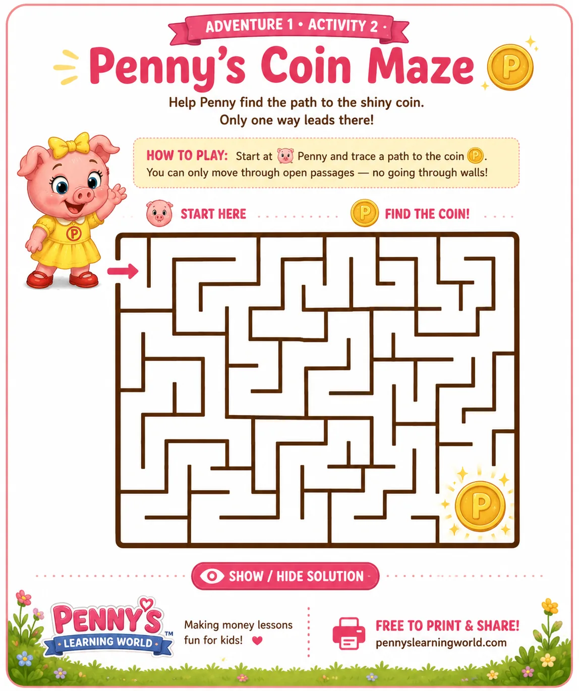 Penny's Coin Maze — help Penny the pig find the path through the maze to reach the shiny coin
