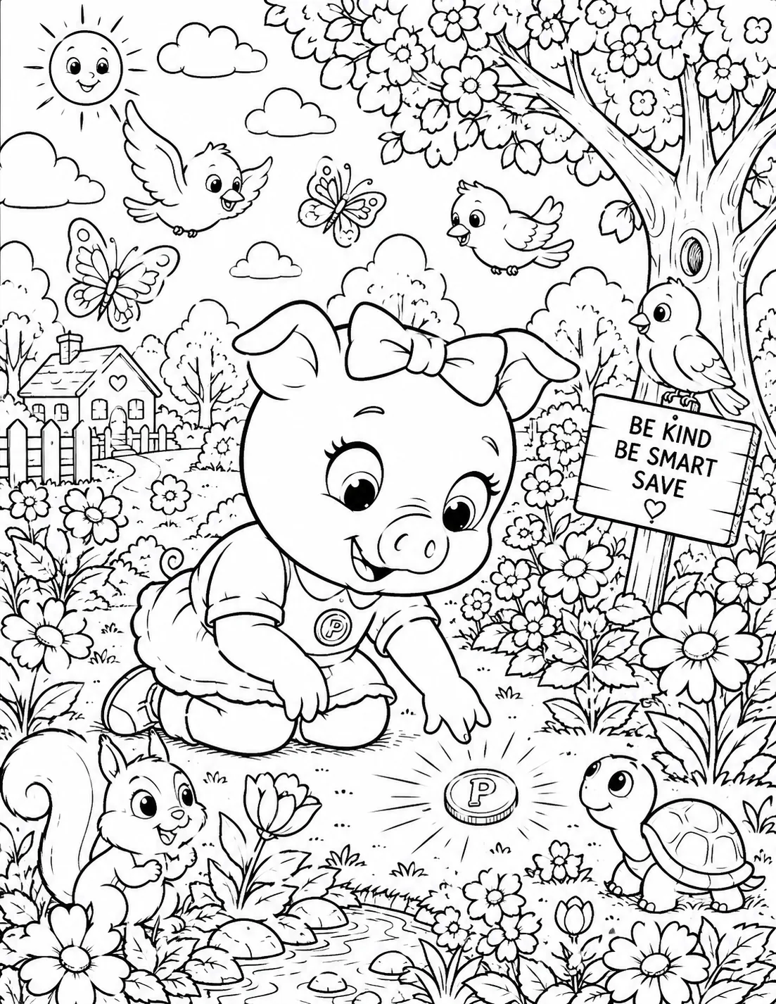 Penny the pig finding a shiny coin in a garden