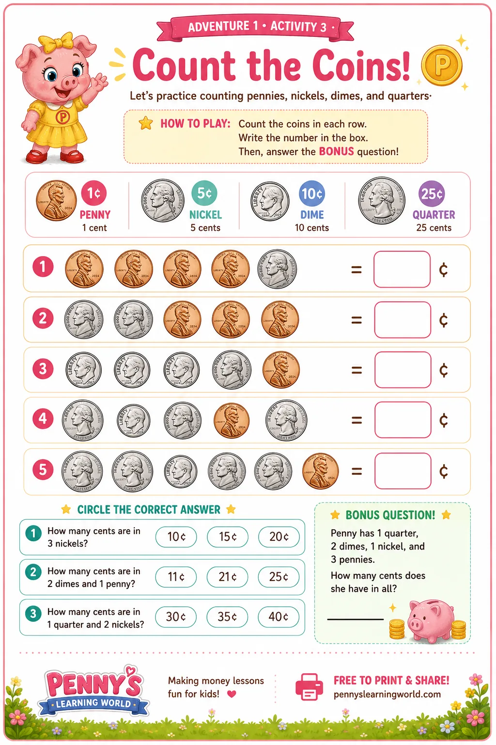 Count the Coins worksheet — kids count groups of pennies, nickels, dimes, and quarters with Penny