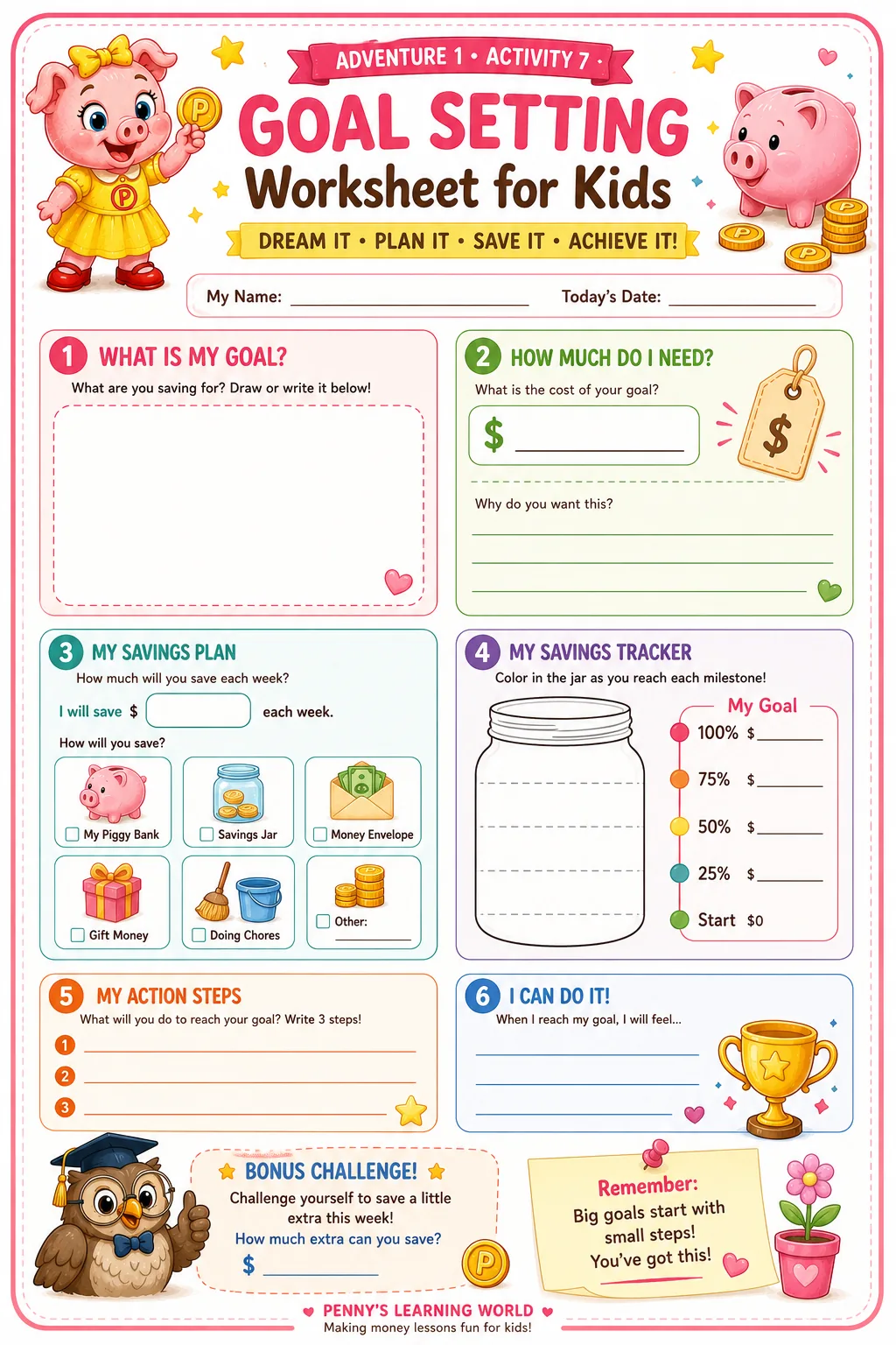 Goal Setting Worksheet — kids write their savings goal and plan the steps to reach it with Penny