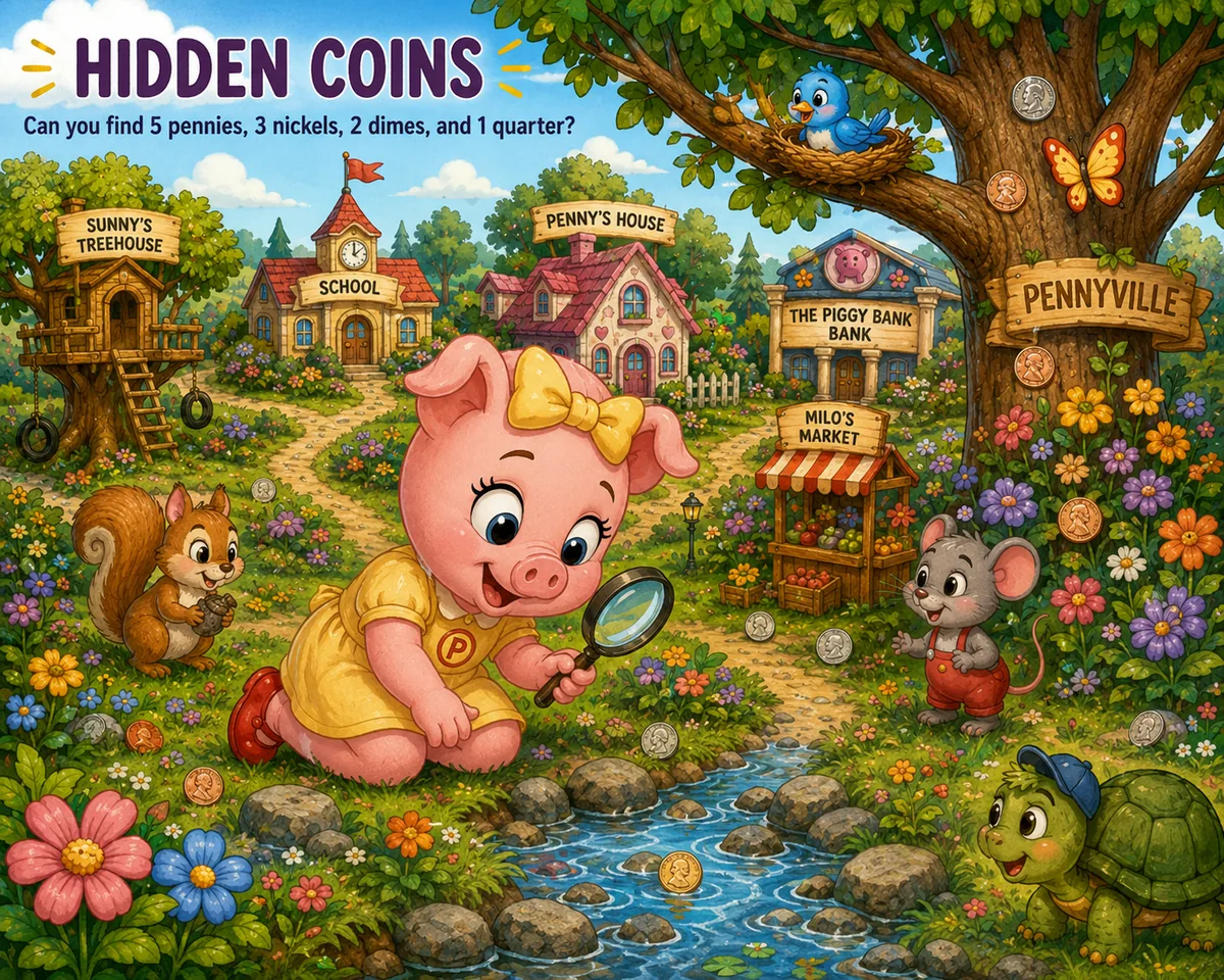 Hidden Coins scene: Pennyville with Penny, Sunny the squirrel, Milo the mouse, Tucker the turtle, the school, Penny's house, the Piggy Bank Bank, Milo's Market, and Sunny's Treehouse — coins hidden throughout