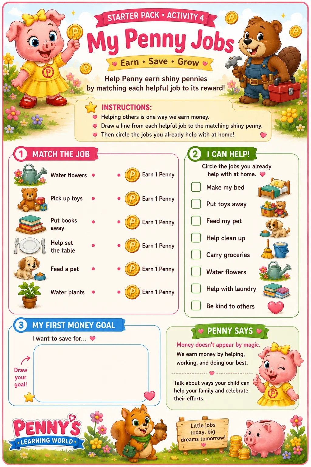 My Penny Jobs earning activity — kids explore ways to earn money with Penny and her Pennyville friends