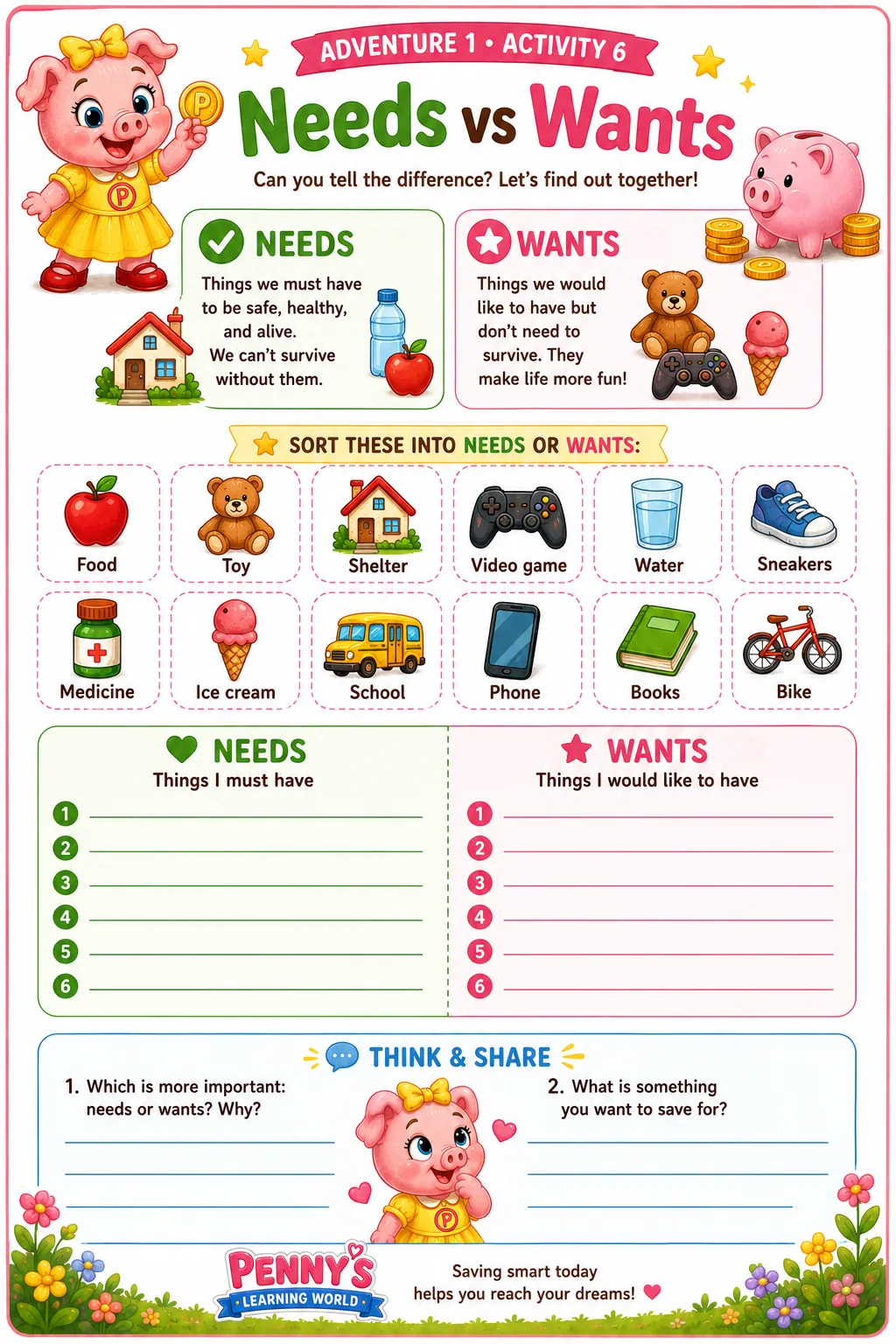 Needs vs Wants sorting activity — kids sort items into needs and wants columns with Penny