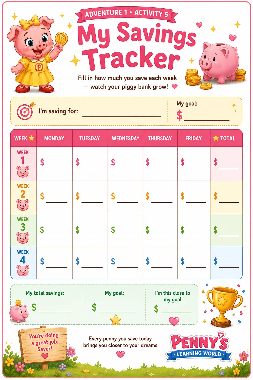 Penny's Savings Tracker — kids set a savings goal and color in coins as they save