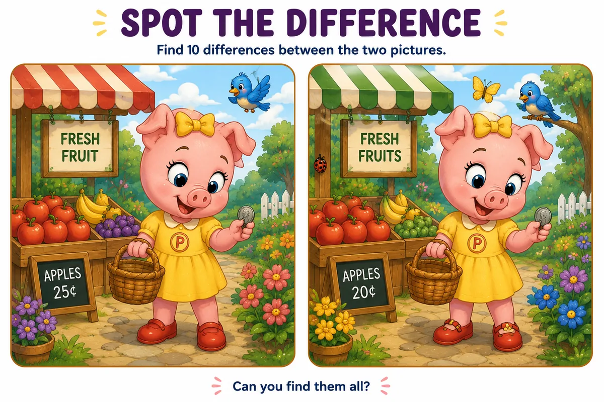 Spot the Difference: Two pictures of Penny at a fruit market — find 10 differences between them