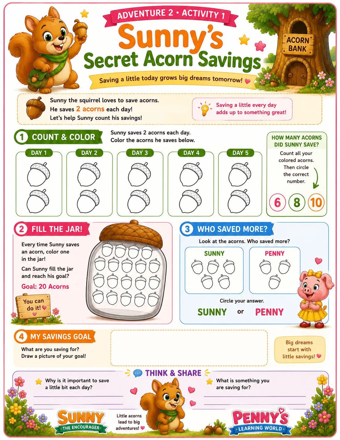 Coloring page: Sunny the squirrel shows Penny her collection of acorns saved up in a cozy hollow tree, with leaves and flowers all around