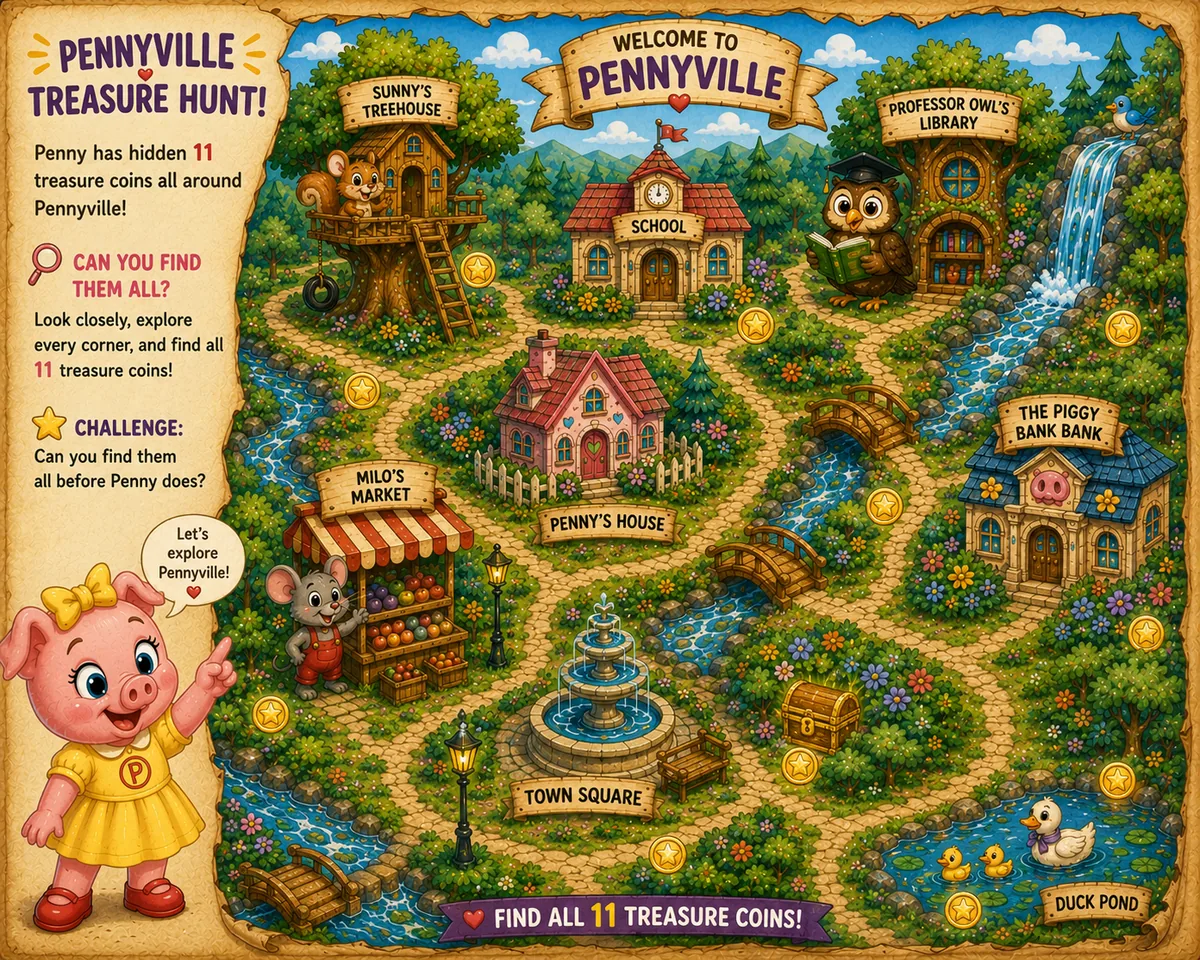 Pennyville Treasure Hunt map showing Sunny's Treehouse, School, Professor Owl's Library, Milo's Market, Penny's House, The Piggy Bank Bank, Town Square, and Duck Pond — with 11 treasure coins hidden throughout